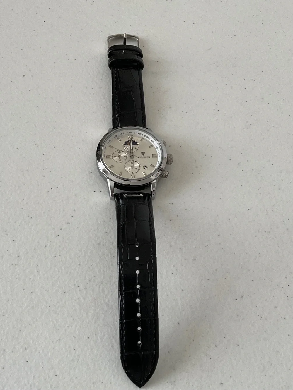 LIGEDESIGN Silver Chronograph Watch with Black Leather Strap